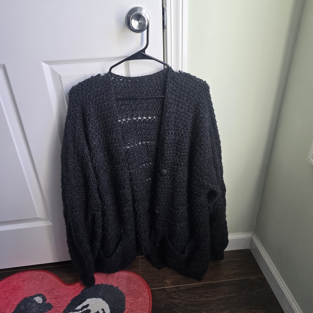 Handmade Crocheted Cozy Black Cardigan W/ Pockets 3xl